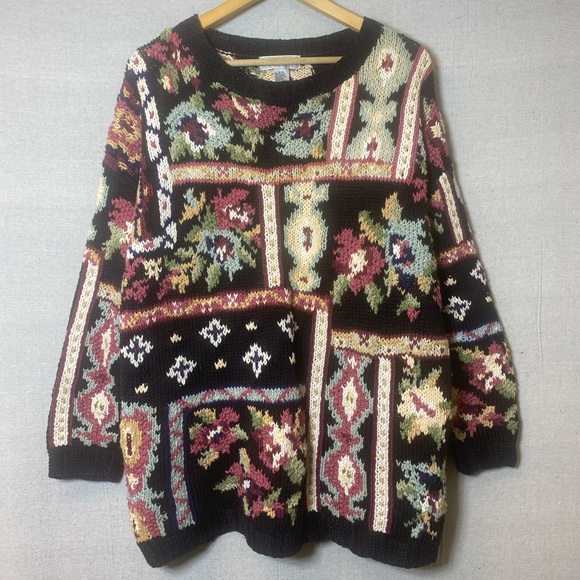 Vintage 80s Crystal-Kobe Women’s Knit Flower Print Sweater - Picture 1 of 15